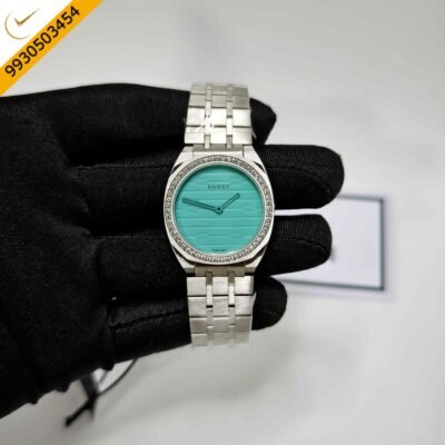 Gucci 25H Diamond Bazel Ocean Blue Dial Stainless Steel Strap Swiss Quartz Watch