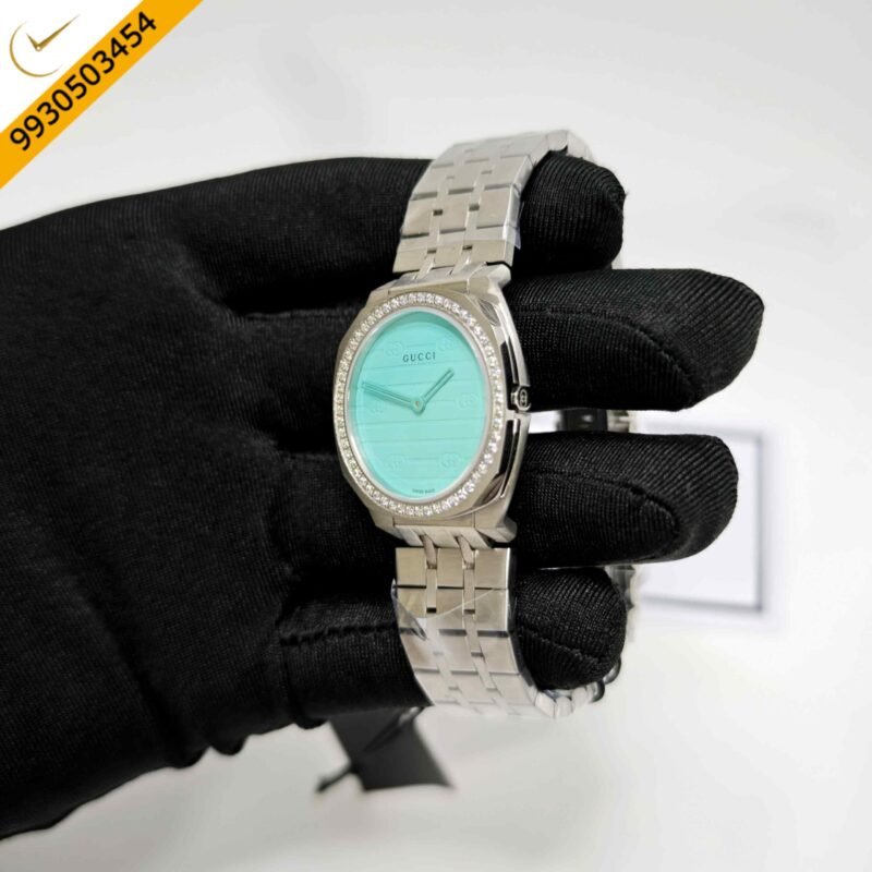 Gucci 25H Diamond Bazel Ocean Blue Dial Stainless Steel Strap Swiss Quartz Watch - Image 2