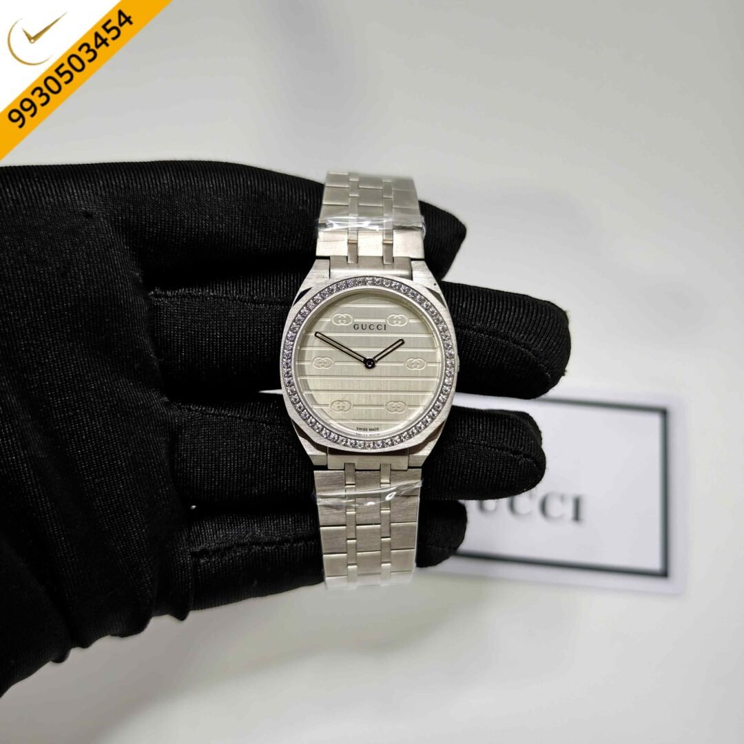 Gucci 25H White Diamond Bazel Stainless Steel Swiss Watch