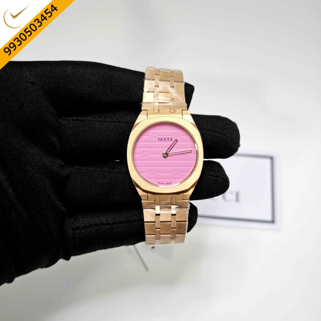 Gucci 25H Full Polished Rose Gold Pink Dial Steel Strap Swiss Quartz Watch
