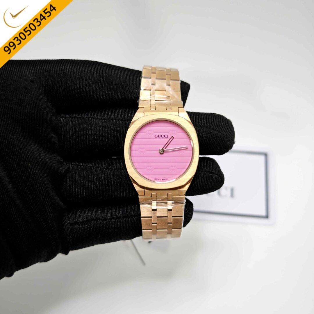 Gucci 25H Full Polished Rose Gold Pink Dial Steel Strap Swiss Quartz Watch
