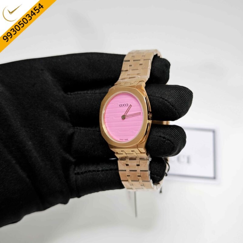 Gucci 25H Full Polished Rose Gold Pink Dial Steel Strap Swiss Quartz Watch - Image 2