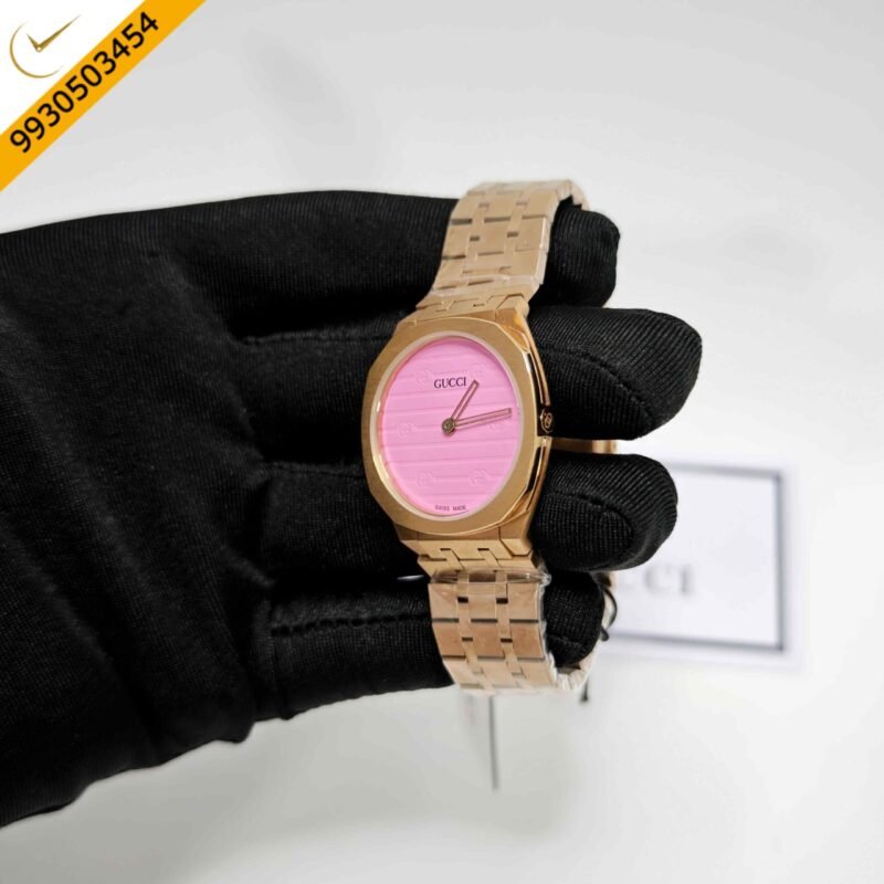 Gucci 25H Full Polished Rose Gold Pink Dial Steel Strap Swiss Quartz Watch - Image 2