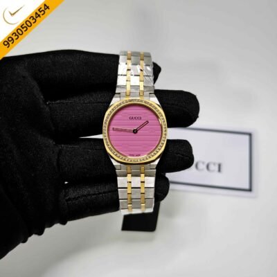 Gucci 25H Gold Diamond Bazel Pink Dial Dual Tone Steel Strap Swiss Quartz Watch