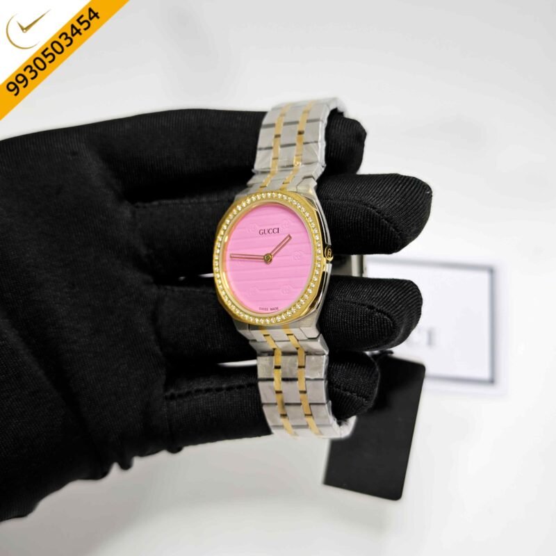Gucci 25H Gold Diamond Bazel Pink Dial Dual Tone Steel Strap Swiss Quartz Watch - Image 2