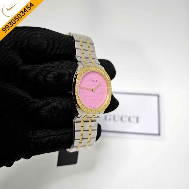 Gucci 25H Gold Diamond Bazel Pink Dial Dual Tone Steel Strap Swiss Quartz Watch - Image 3