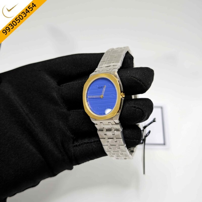 Gucci 25H Golden Bazel Blue Dial Stainless Steel Strap Swiss Quartz Watch - Image 2