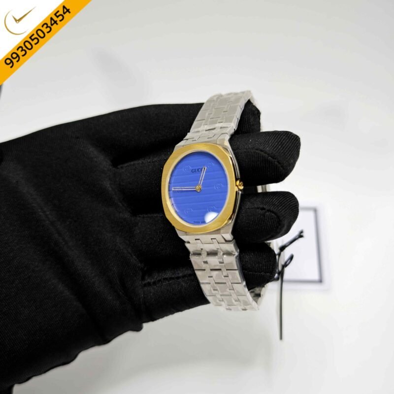 Gucci 25H Golden Bazel Blue Dial Stainless Steel Strap Swiss Quartz Watch - Image 2