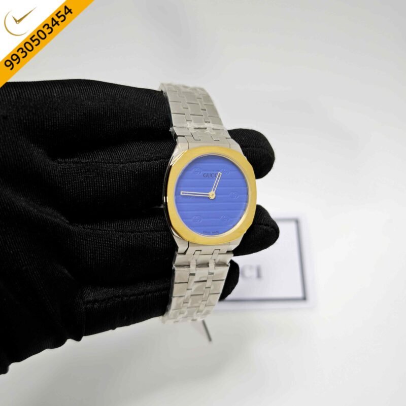 Gucci 25H Golden Bazel Blue Dial Stainless Steel Strap Swiss Quartz Watch - Image 3