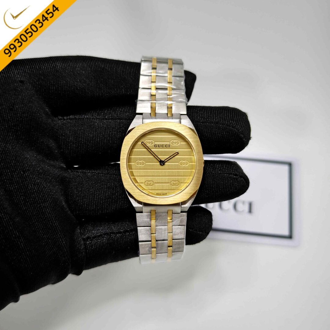Gucci 25H Golden Bazel Golden Dial Dual Tone Steel Strap Swiss Quartz Watch