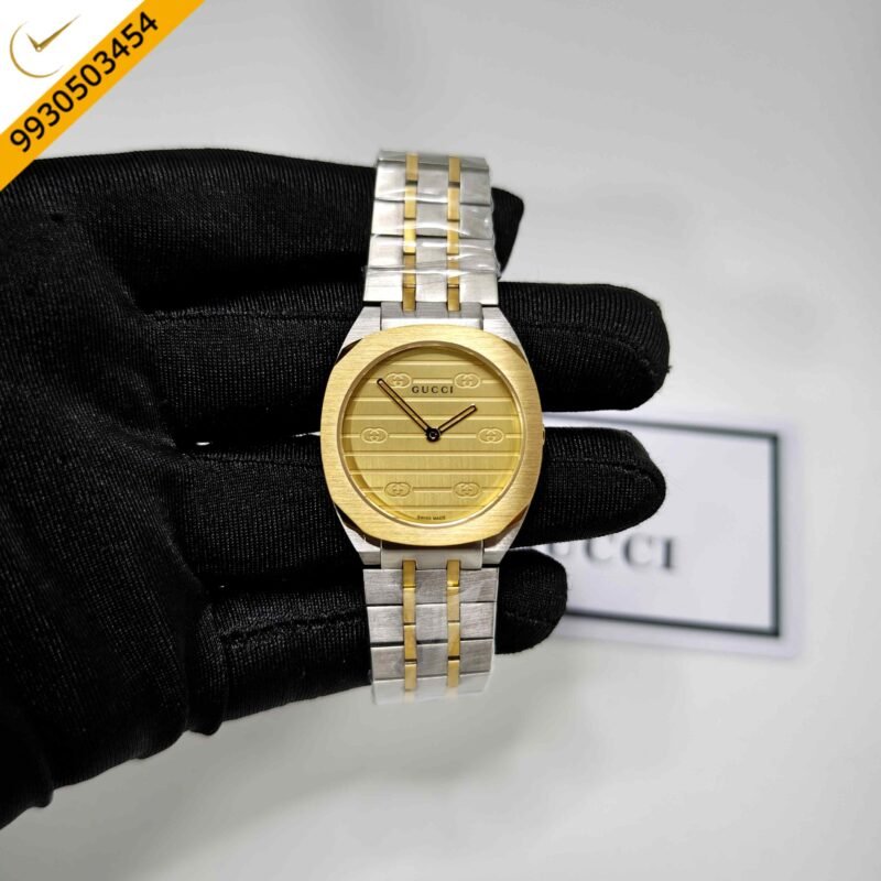 Gucci 25H Golden Bazel Golden Dial Dual Tone Steel Strap Swiss Quartz Watch