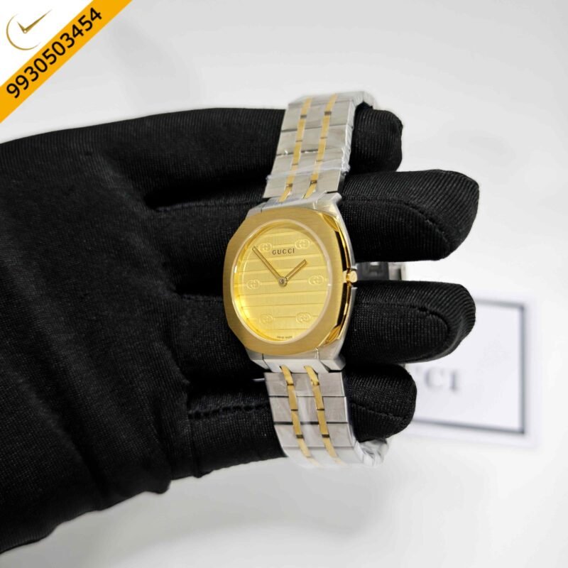 Gucci 25H Golden Bazel Golden Dial Dual Tone Steel Strap Swiss Quartz Watch - Image 2