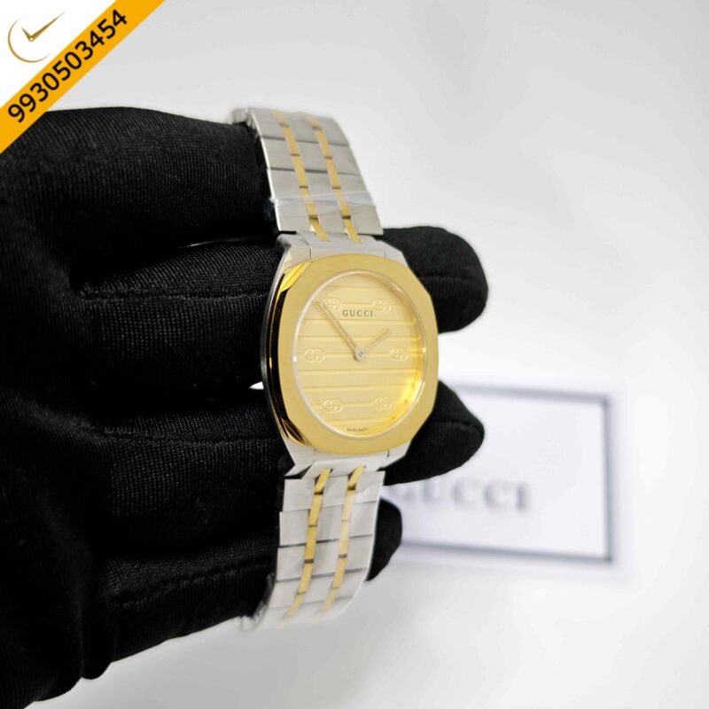 Gucci 25H Golden Bazel Golden Dial Dual Tone Steel Strap Swiss Quartz Watch - Image 3