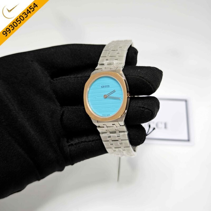 Gucci 25H Golden Bazel Ocean Blue Dial Stainless Steel Strap Swiss Quartz Watch - Image 2