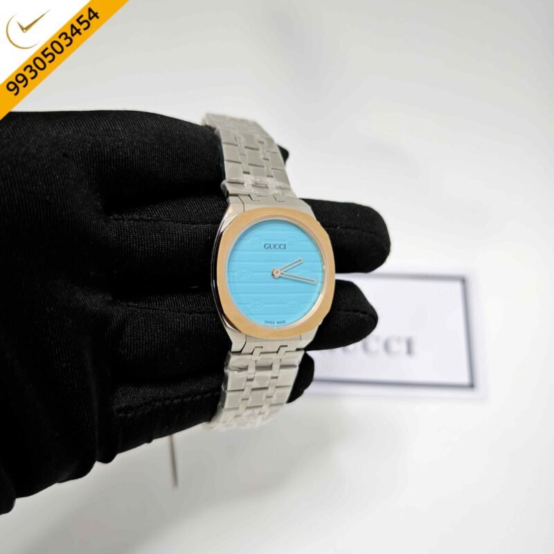Gucci 25H Golden Bazel Ocean Blue Dial Stainless Steel Strap Swiss Quartz Watch - Image 3