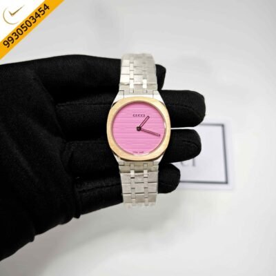 Gucci 25H Golden Bazel Pink Dial Stainless Steel Strap Swiss Quartz Watch