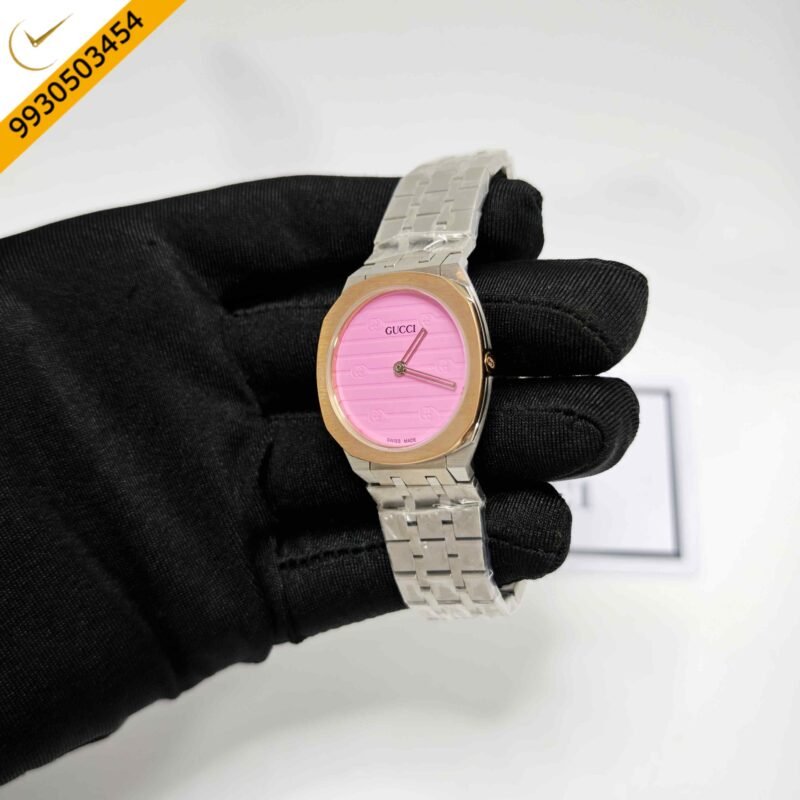 Gucci 25H Golden Bazel Pink Dial Stainless Steel Strap Swiss Quartz Watch - Image 2