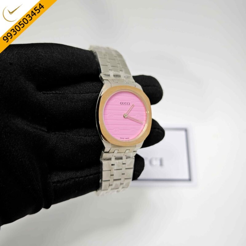 Gucci 25H Golden Bazel Pink Dial Stainless Steel Strap Swiss Quartz Watch - Image 3