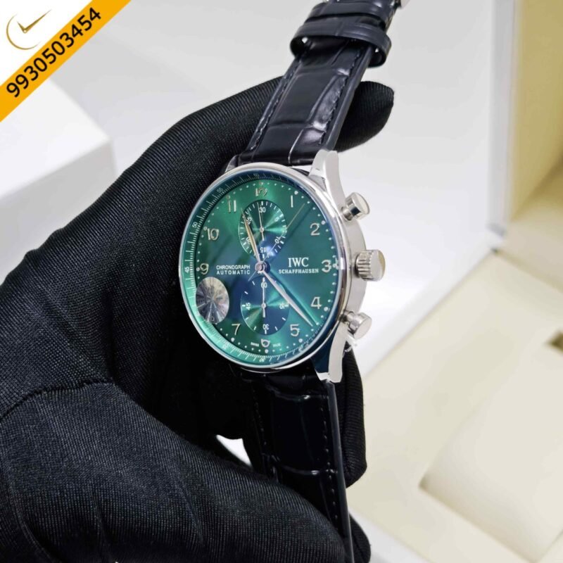 IWC Portugieser Chronograph Steel Green Dial Leather Strap Swiss Automatic Watch - Image 2