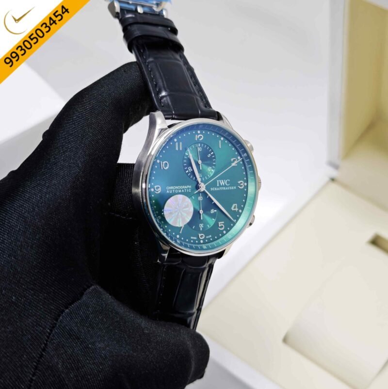 IWC Portugieser Chronograph Steel Green Dial Leather Strap Swiss Automatic Watch - Image 3