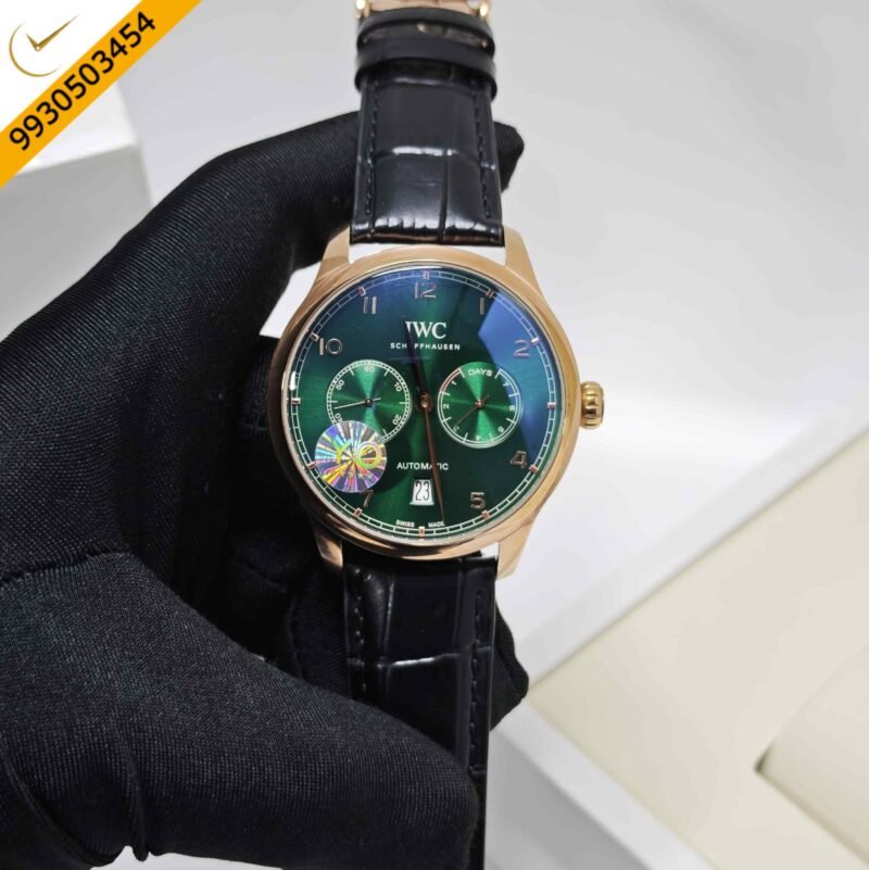 IWC Schaffhausen Portugieser Rose Gold Green Dial Black Leather Strap Swiss Automatic Watch