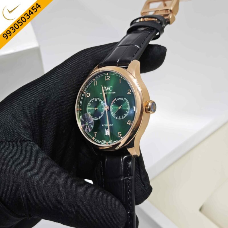 IWC Schaffhausen Portugieser Rose Gold Green Dial Black Leather Strap Swiss Automatic Watch - Image 2