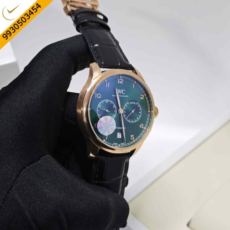 IWC Schaffhausen Portugieser Rose Gold Green Dial Black Leather Strap Swiss Automatic Watch - Image 3