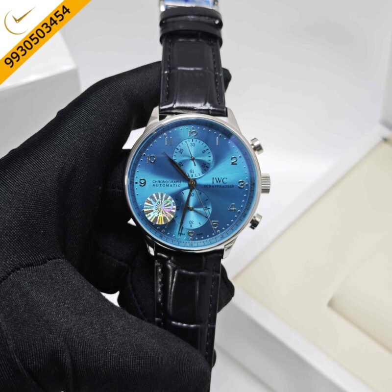 IWC Schaffhausen Portugieser Steel Blue Dial Black Leather Strap Swiss Automatic Watch
