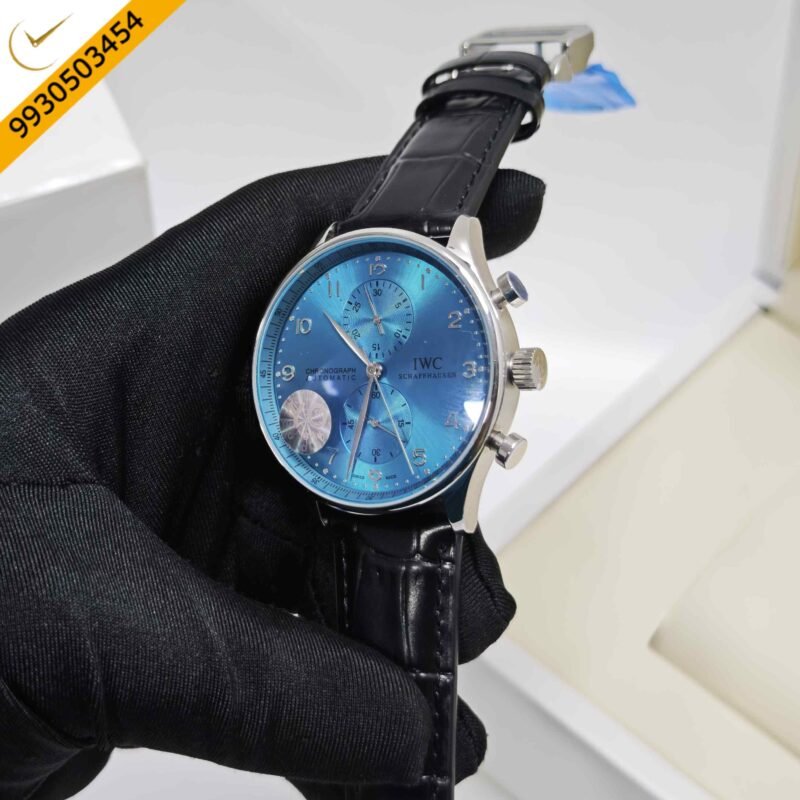 IWC Schaffhausen Portugieser Steel Blue Dial Black Leather Strap Swiss Automatic Watch - Image 2
