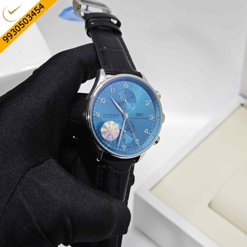 IWC Schaffhausen Portugieser Steel Blue Dial Black Leather Strap Swiss Automatic Watch - Image 3