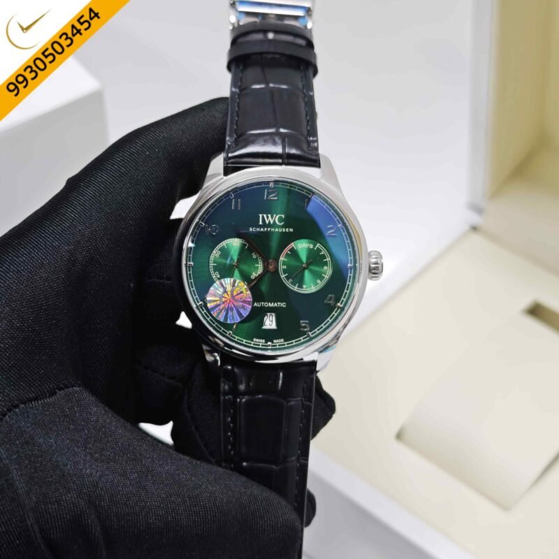 IWC Schaffhausen Portugieser Steel Green Dial Black Leather Strap Swiss Automatic Watch