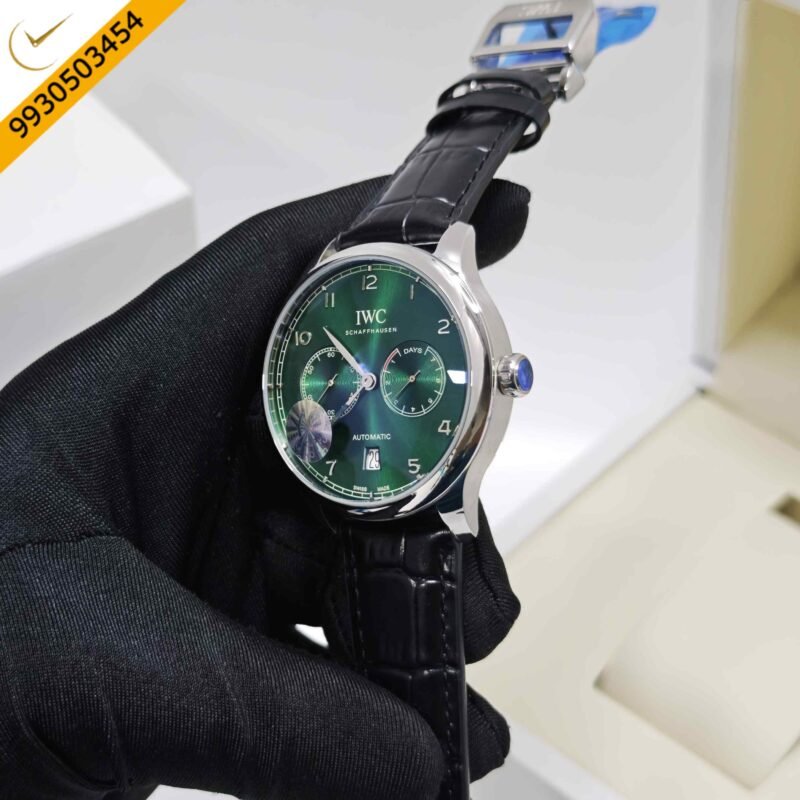 IWC Schaffhausen Portugieser Steel Green Dial Black Leather Strap Swiss Automatic Watch - Image 2