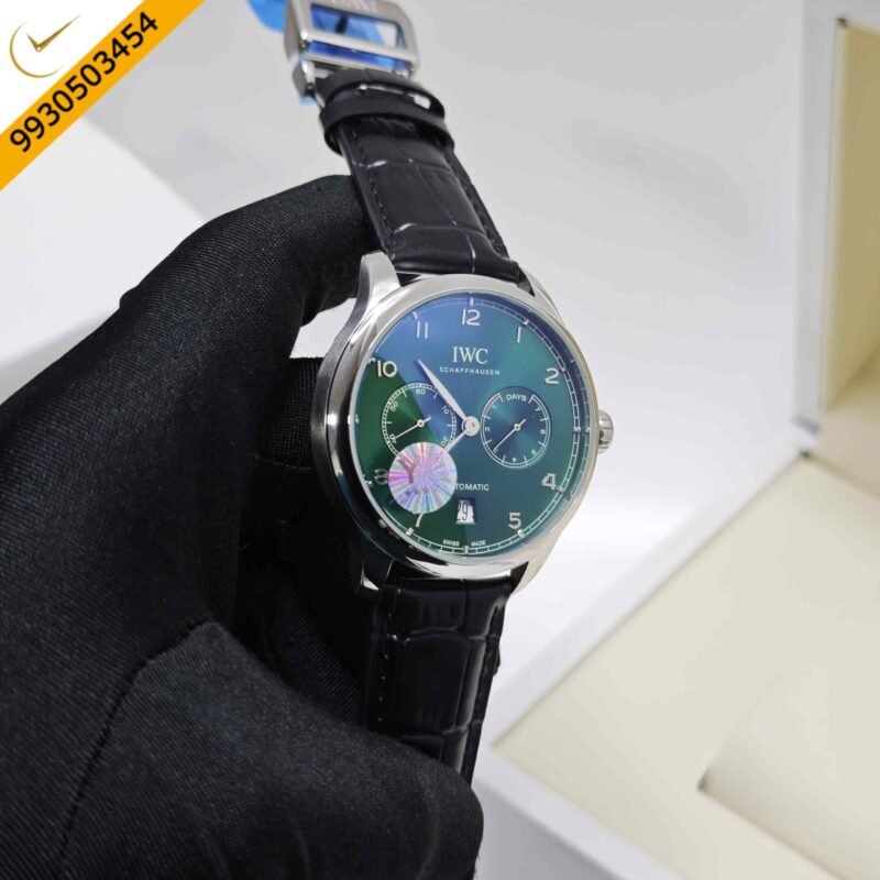 IWC Schaffhausen Portugieser Steel Green Dial Black Leather Strap Swiss Automatic Watch - Image 3