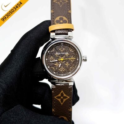 Louis Vuitton Tambour Monogram Steel Brown Dial Brown Leather Strap Swiss Automatic Watch