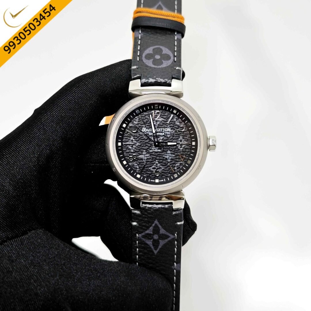 Louis Vuitton Tambour Monogram Black Dial Leather Strap Swiss Automatic Watch
