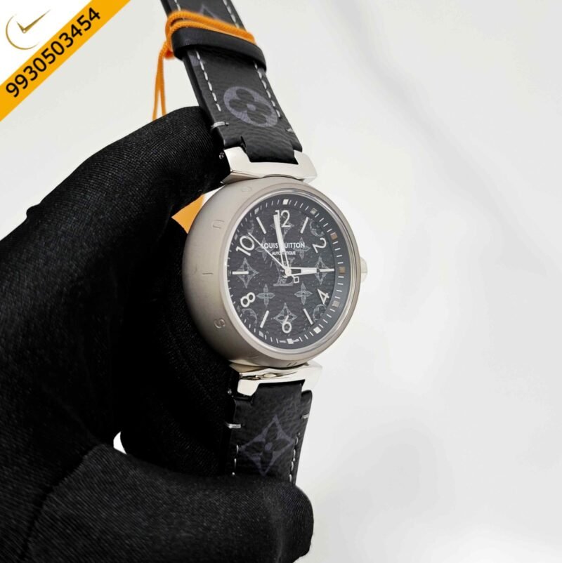 Louis Vuitton Tambour Monogram Black Dial Leather Strap Swiss Automatic Watch - Image 3