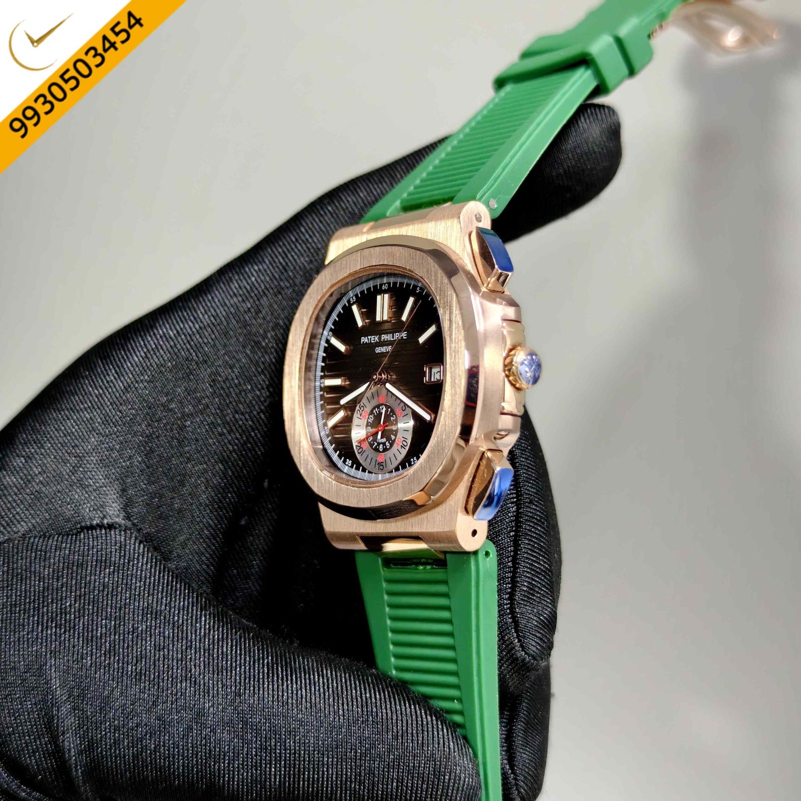 Patek Philippe Nautilus Polished Gold Brown Dial Green Rubber Strap Swiss Automatic Watch - Image 2