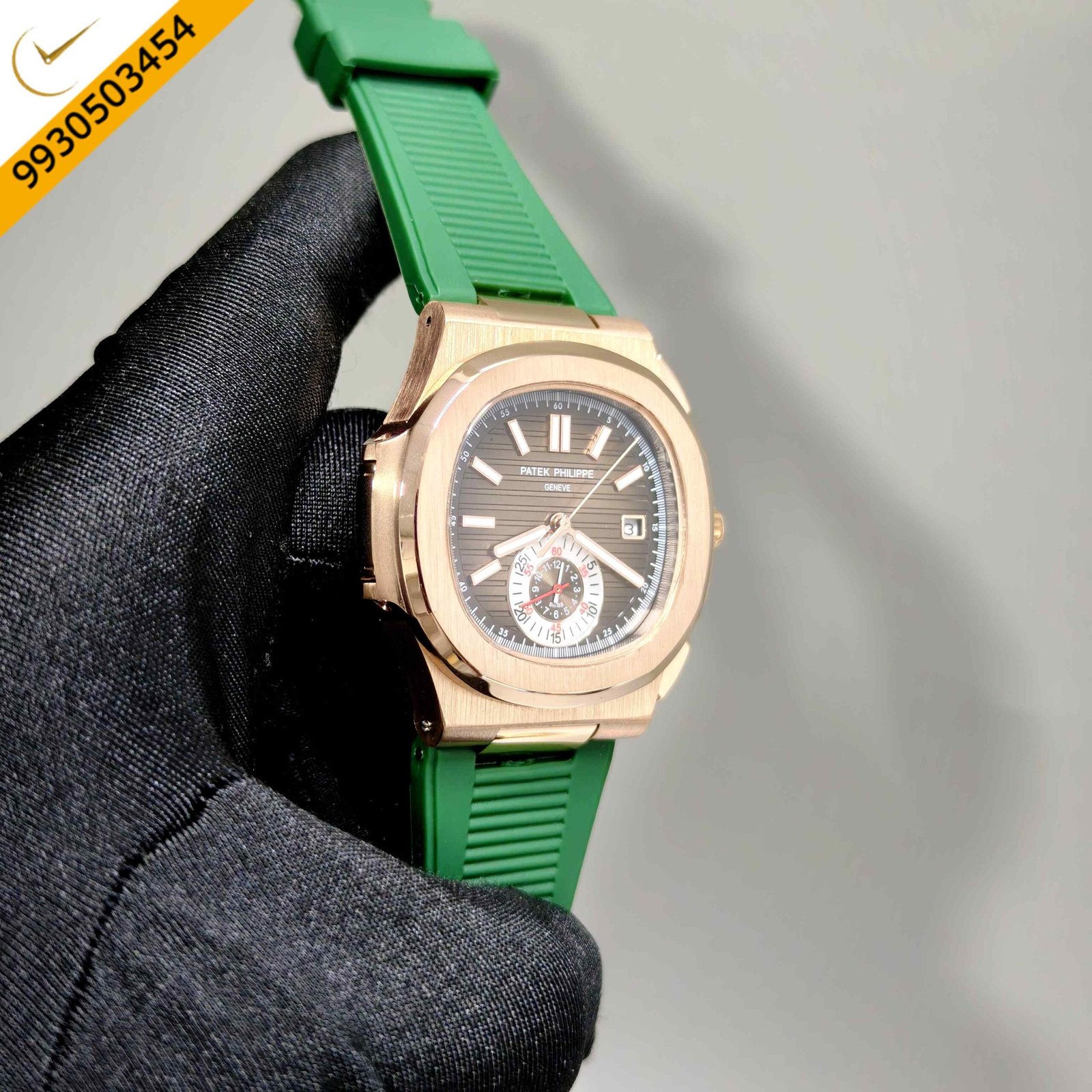 Patek Philippe Nautilus Polished Gold Brown Dial Green Rubber Strap Swiss Automatic Watch - Image 3