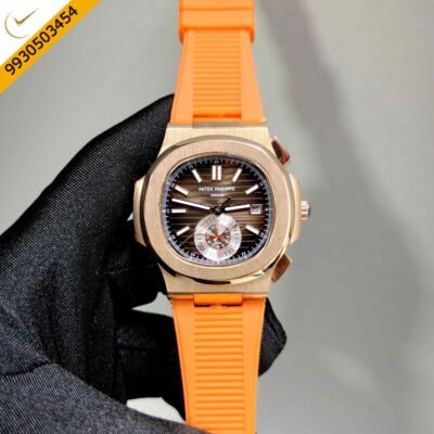 Patek Philippe Nautilus Polished Gold Brown Dial Orange Rubber Strap Swiss Automatic Watch
