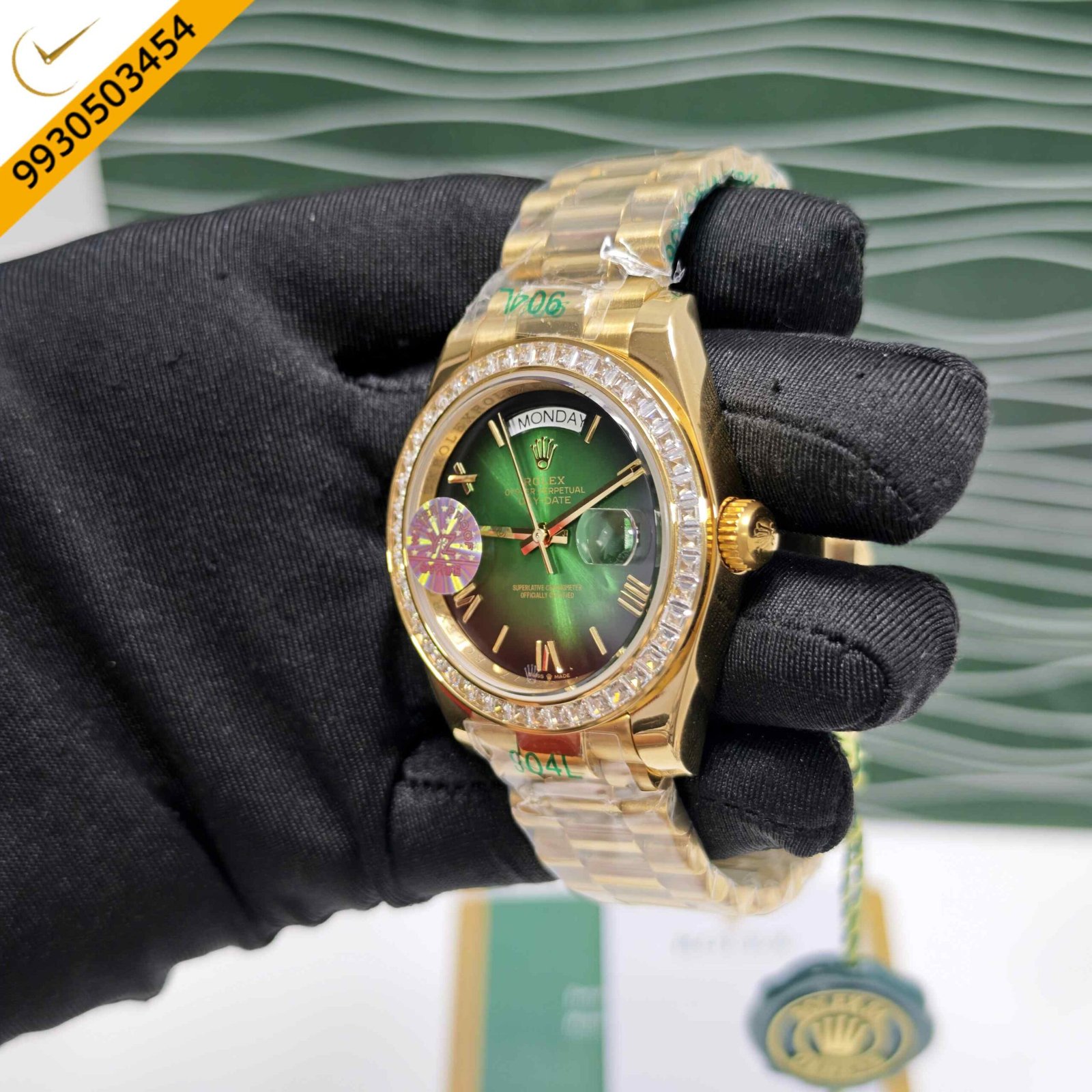 Rolex Day-Date Full Gold Diamond Bezel Roman Marker Green Dial Swiss Automatic Watch - Image 2