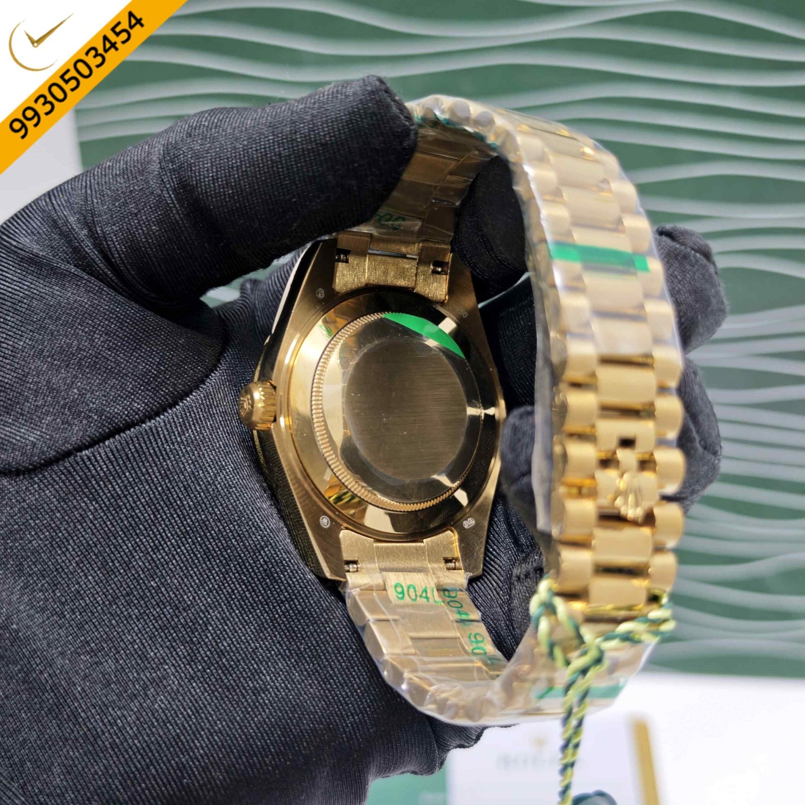Rolex Day-Date Full Gold Diamond Bezel Roman Marker Green Dial Swiss Automatic Watch - Image 4