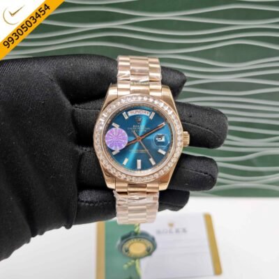 Rolex Day-Date Full Rose Gold Diamond Bezel Sticks Marker Blue Dial Swiss Automatic Watch