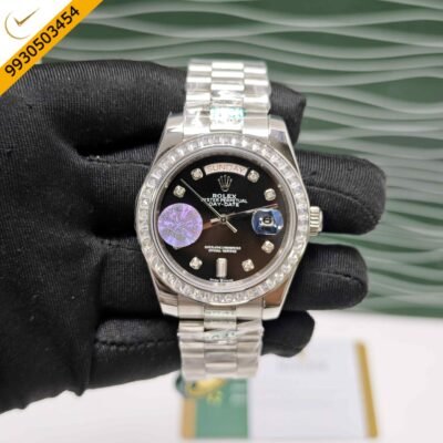 Rolex Day-Date Steel Diamond Bezel Diamond Marker Black Dial Swiss Automatic Watch