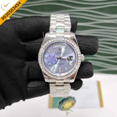 Rolex Day-Date Steel Diamond Bezel Roman Marker Ice Blue Dial Swiss Automatic Watch