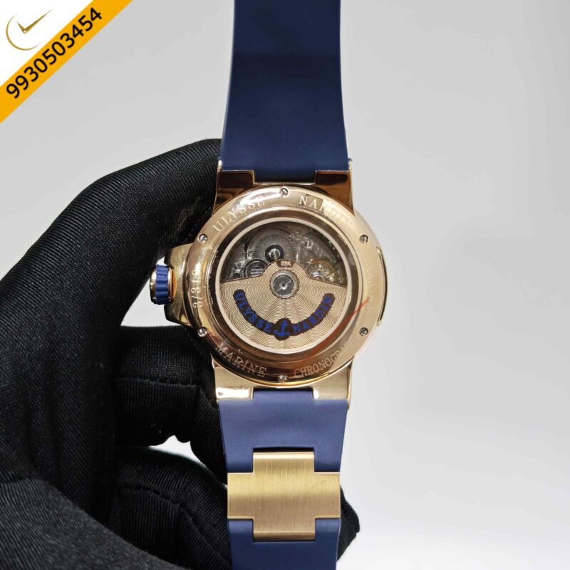 Ulysse Nardin Marine Chronometer Rose Gold Blue Dial Blue Rubber Strap Swiss Automatic Watch - Image 4