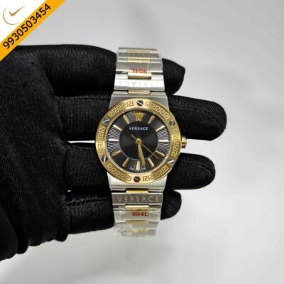 Versace Greca Logo Gold Case Dual Tone Black Dial Swiss Quartz Watch