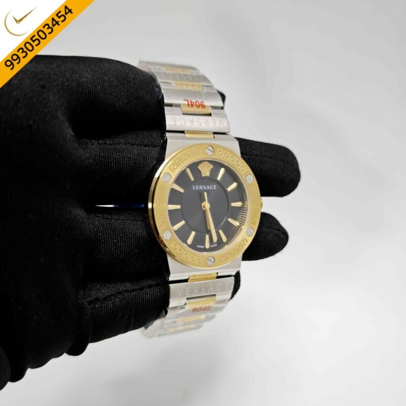 Versace Greca Logo Gold Case Dual Tone Black Dial Swiss Quartz Watch - Image 3