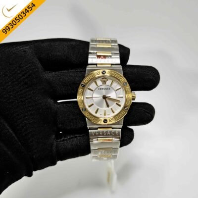 Versace Greca Logo Gold Case White Dial Dual Tone Strap Swiss Quartz Watch