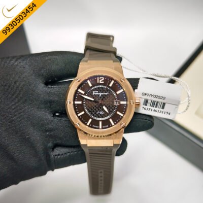 Ferragamo F-80 Golden Rose Gold Brown Dial Brown Rubber Strap Swiss Watch