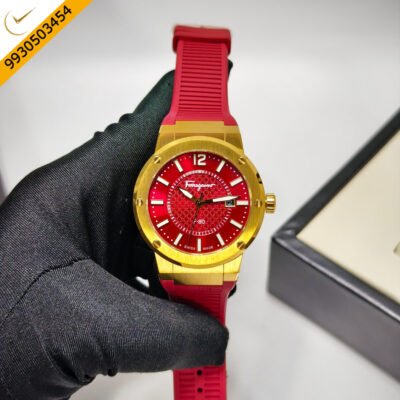Ferragamo F-80 Golden Steel Red Dial Red Rubber Strap Swiss Watch